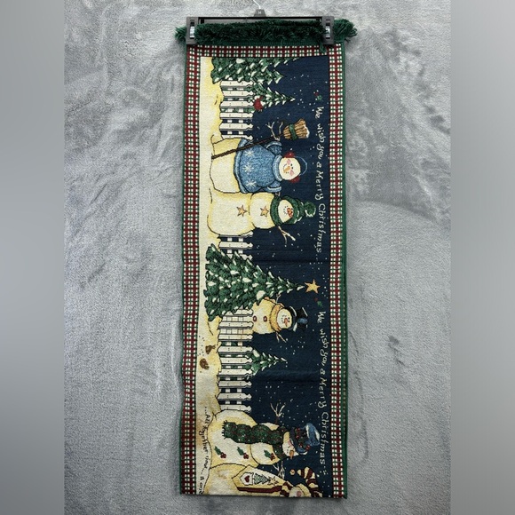 Sandi Gore Evens Tapestry Table Runner 72”x13” Snowmen Merry Christmas Rabbits - Picture 2 of 16